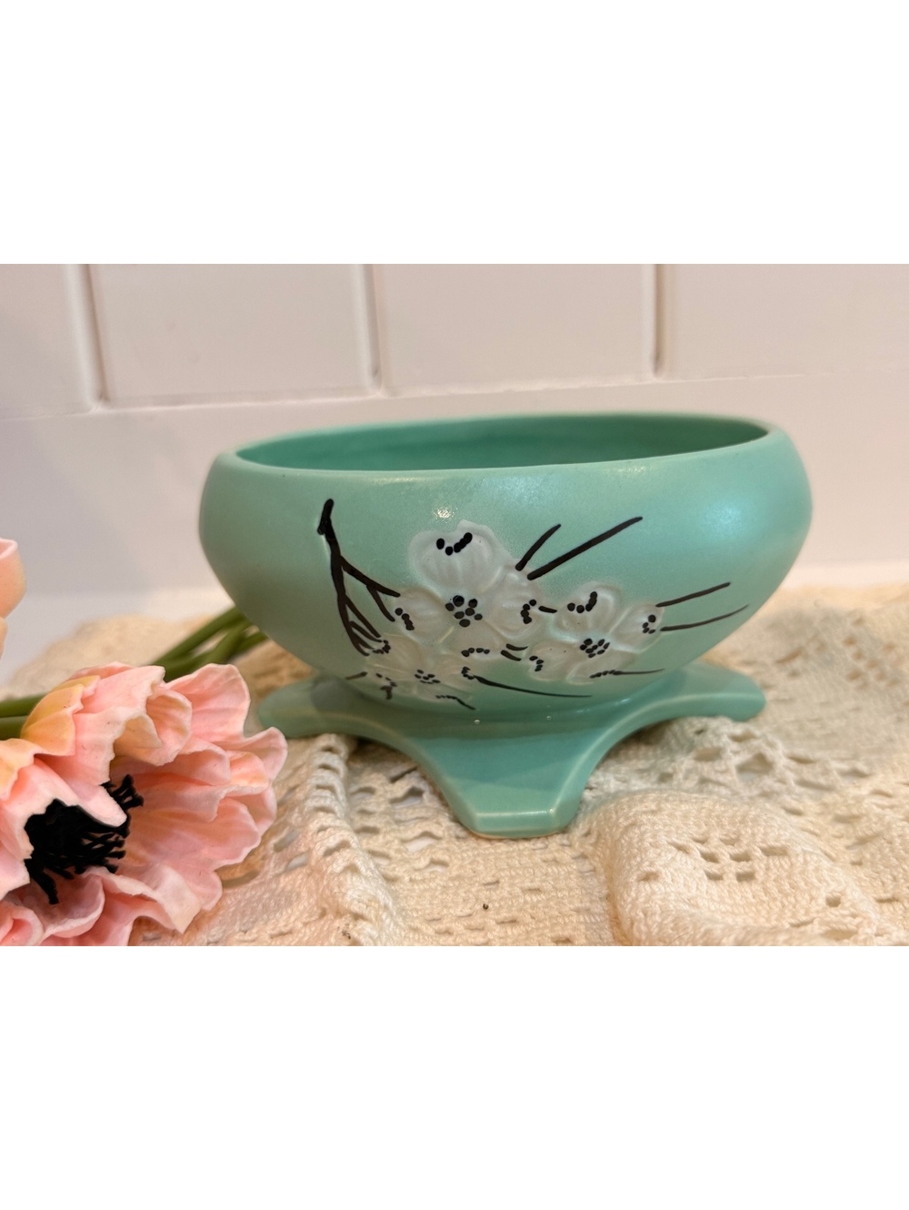 Vintage McCoy Pottery Spring Wood Footed Planter Bowl, Mint Green Aqua